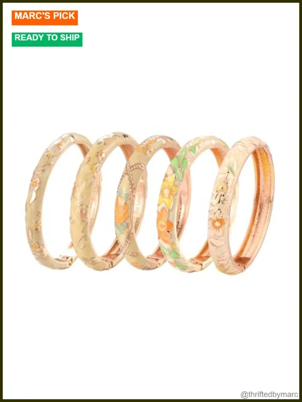 5 Pcs Enamel Bangle Bracelet Set Rose Flower Engraved Cloisonne Alloy Gold